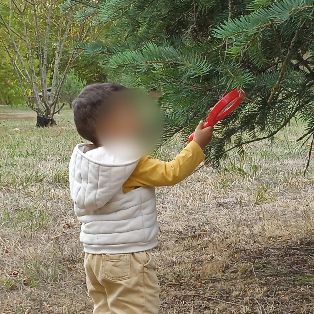 Un enfant observe une branche à la loupe pendant la sortie nature, visage flouté